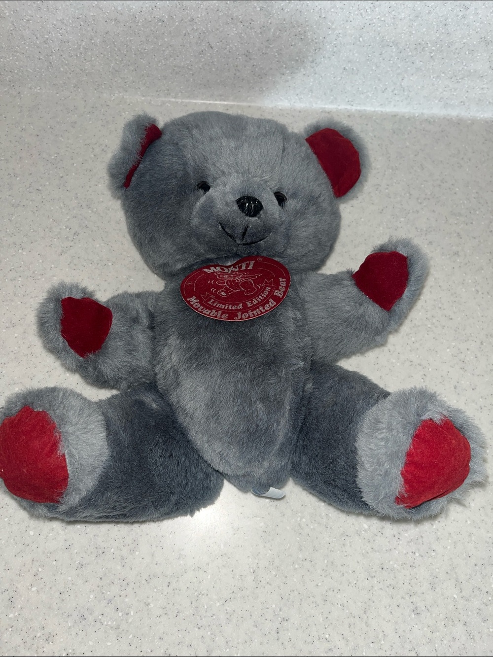 Vtg MONTI Movable Jointed Teddy Bear Gray & Red Made In Taiwan 16” Plush
